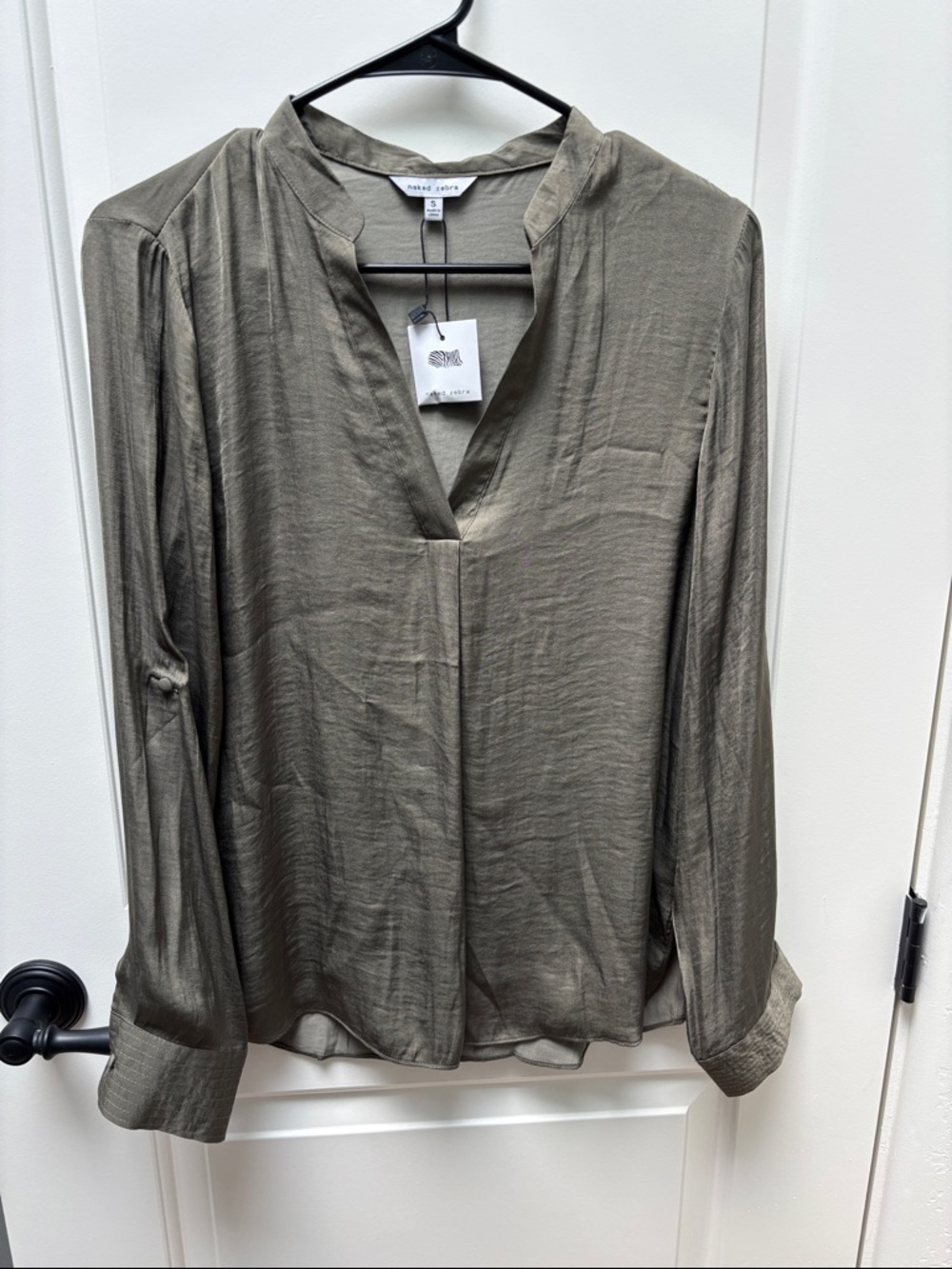 Naked Zebra Olive Green Split V-Neck Long Sleeve Blouse